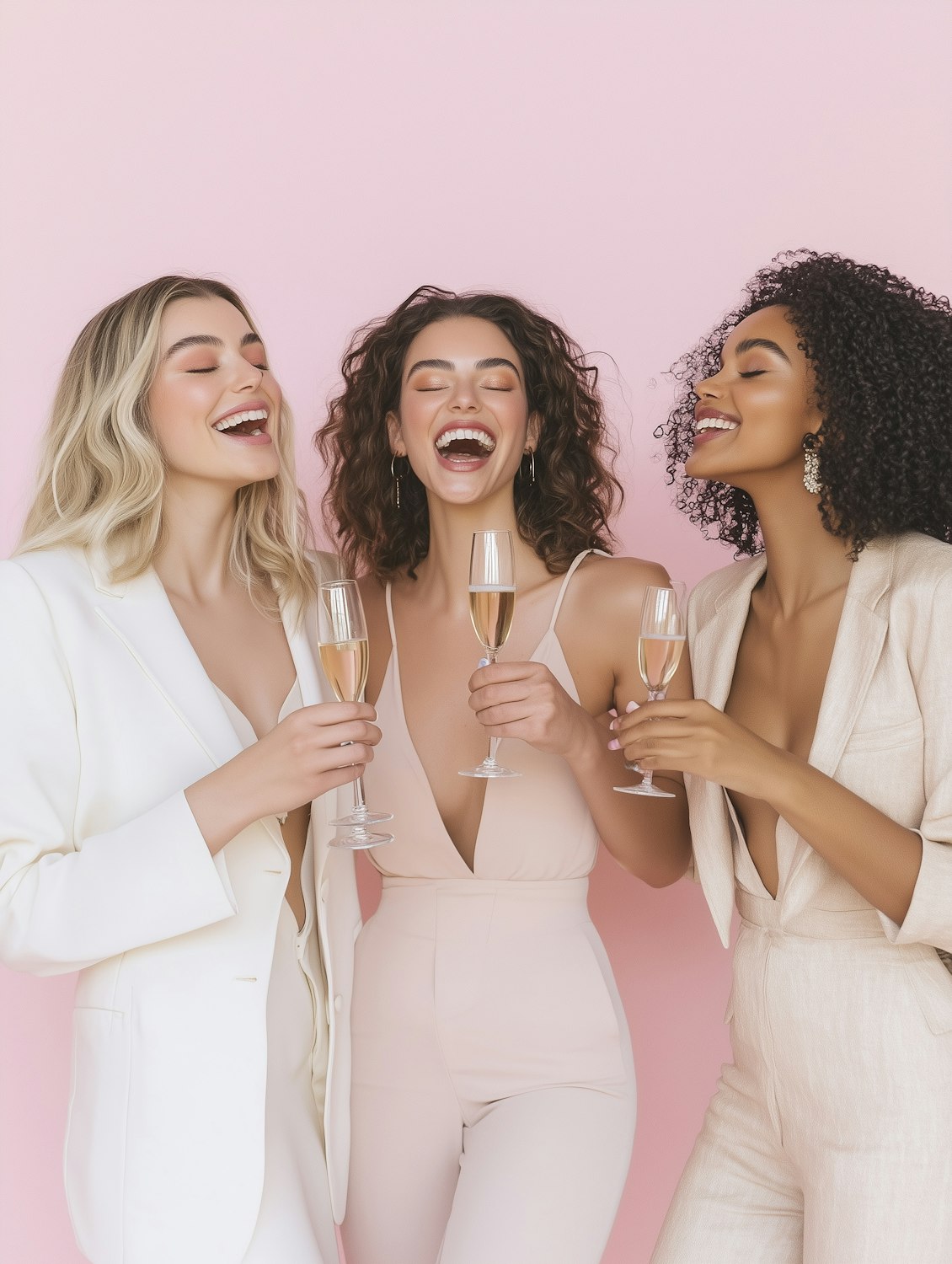 Three friends laughing with glasses in hand