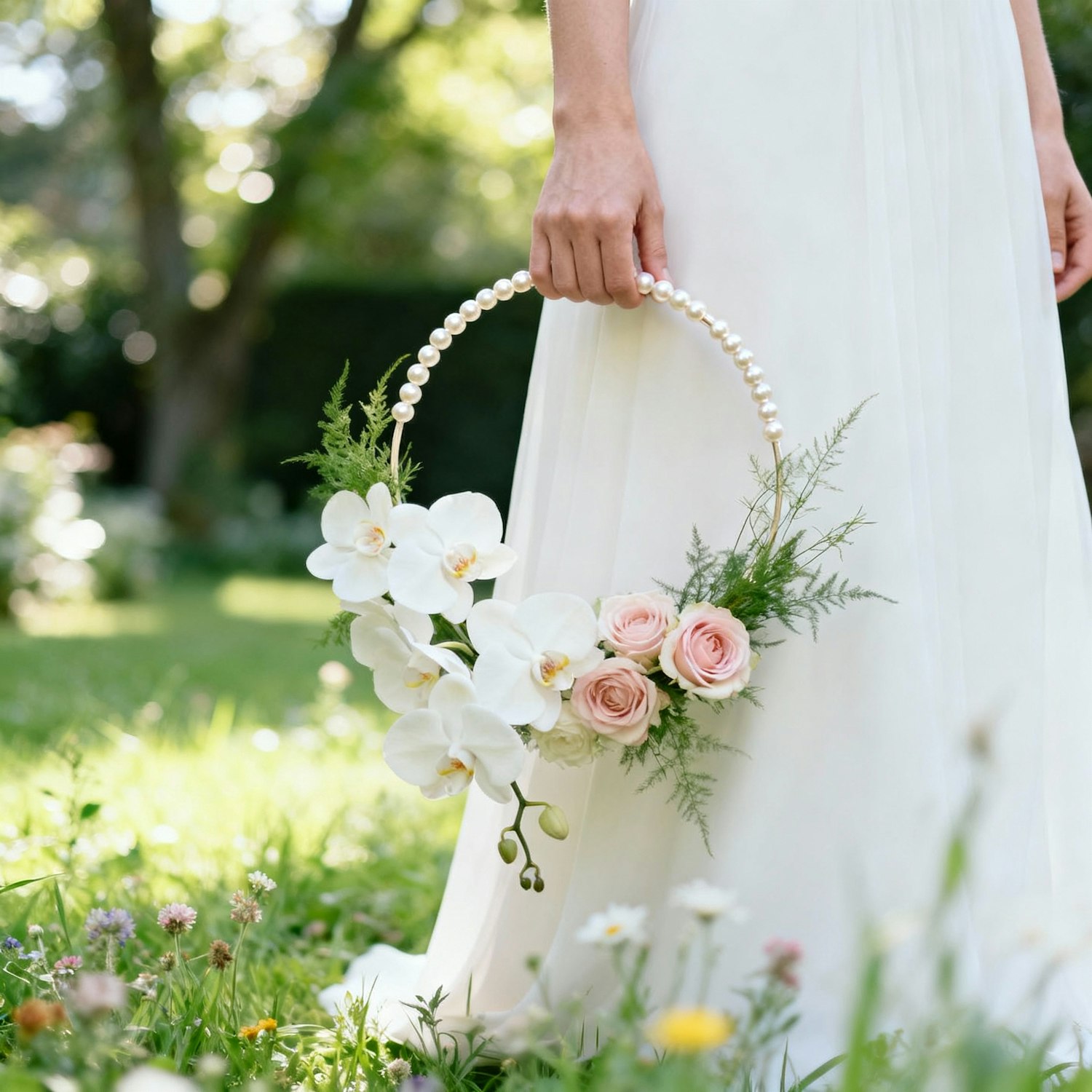A bouquet of orchids and roses held in a sunlit garden