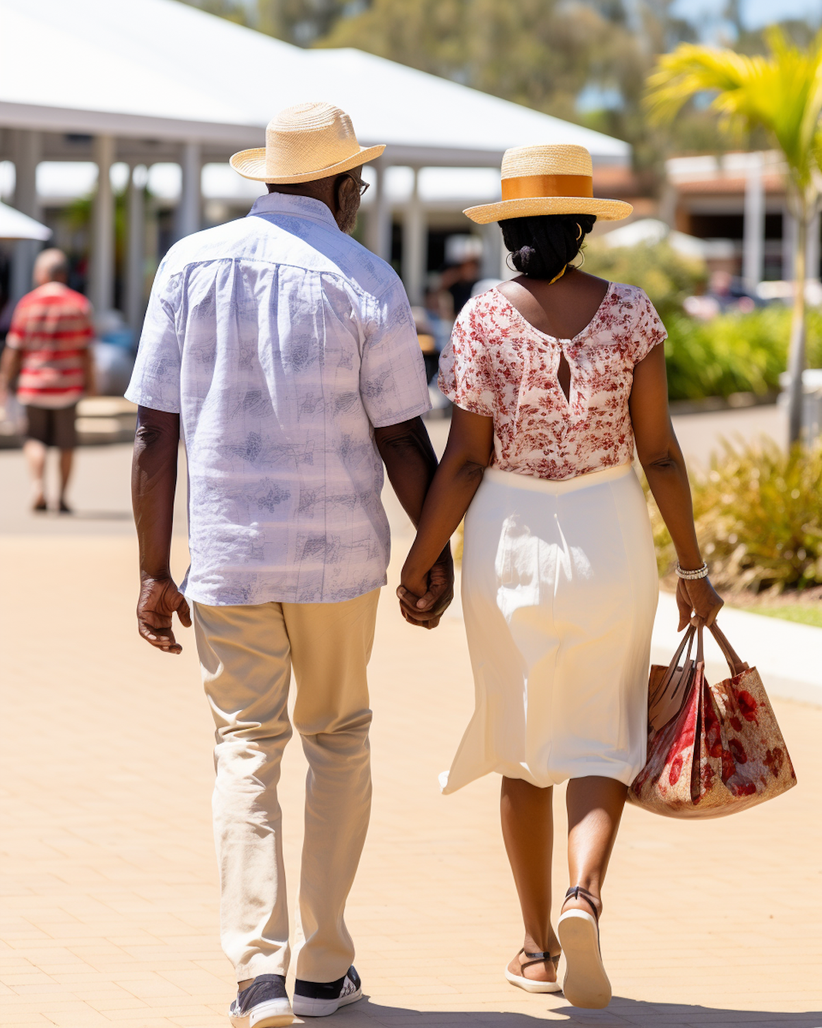 An engaged couple walking hand in hand in summer light