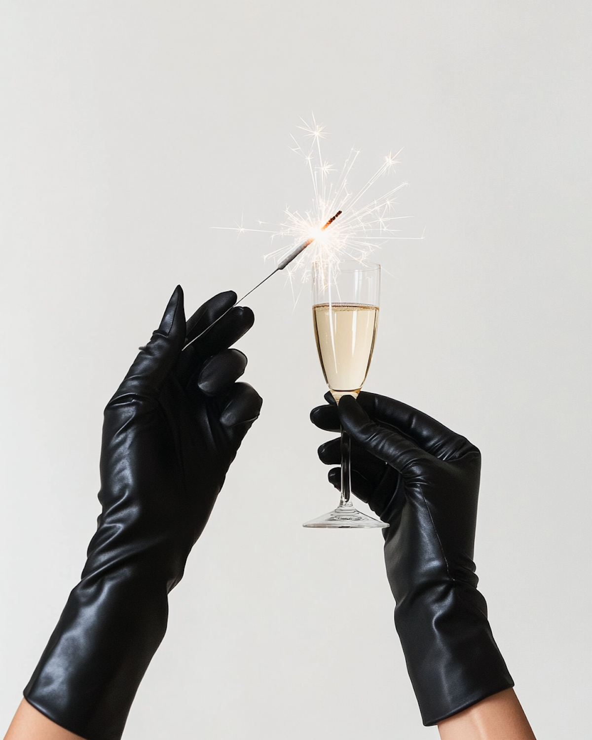 A sparkler and a champagne glass held after midnight