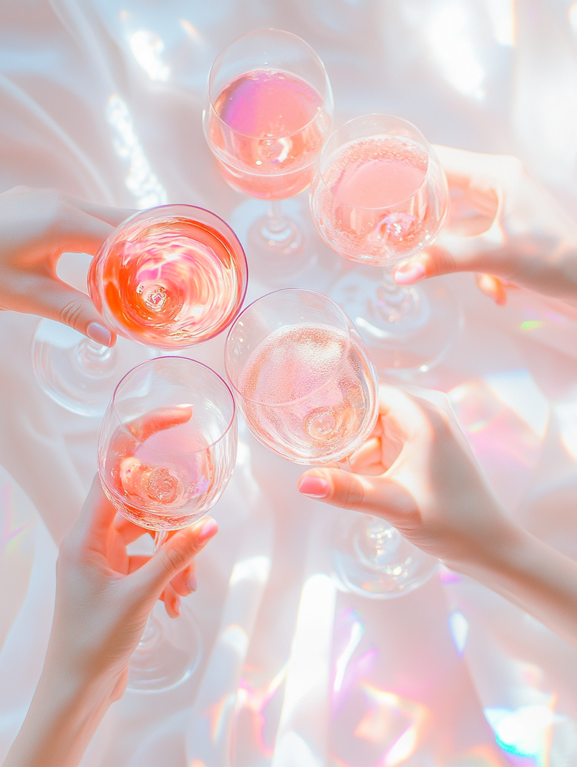 Five hands meeting in a champagne toast