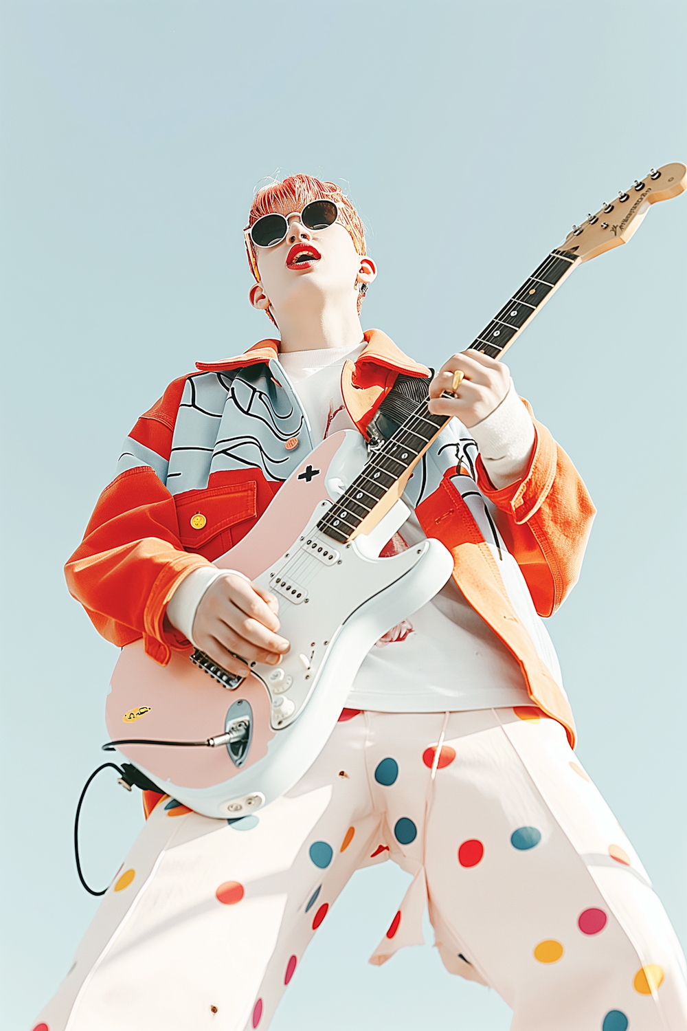 A guitarist mid set under an open sky